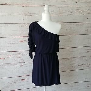 T-BAGS L.A. // one sleeved open shoulder ruffle dark navy blue mini dress